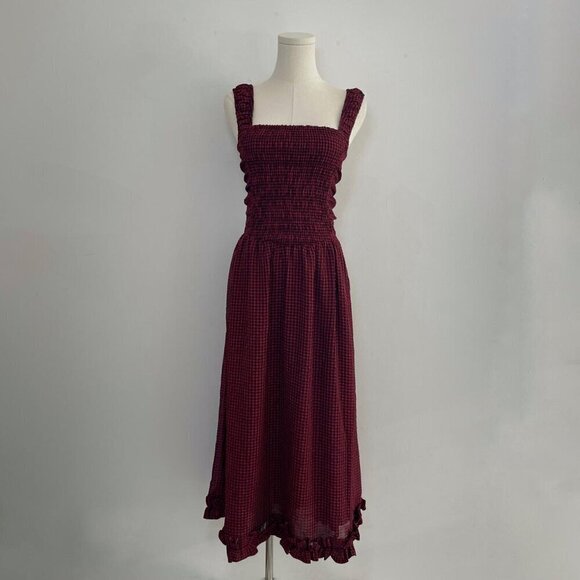ganni Dresses & Skirts - Ganni Sheer Fluid Check Midi Strap Smock Dress | Wine Red | Women’s Size Small